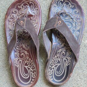 Olukai men's 10 10.5 Brown Paniolo (Mekila) Flip Flops Thong Sandals Stitched Le